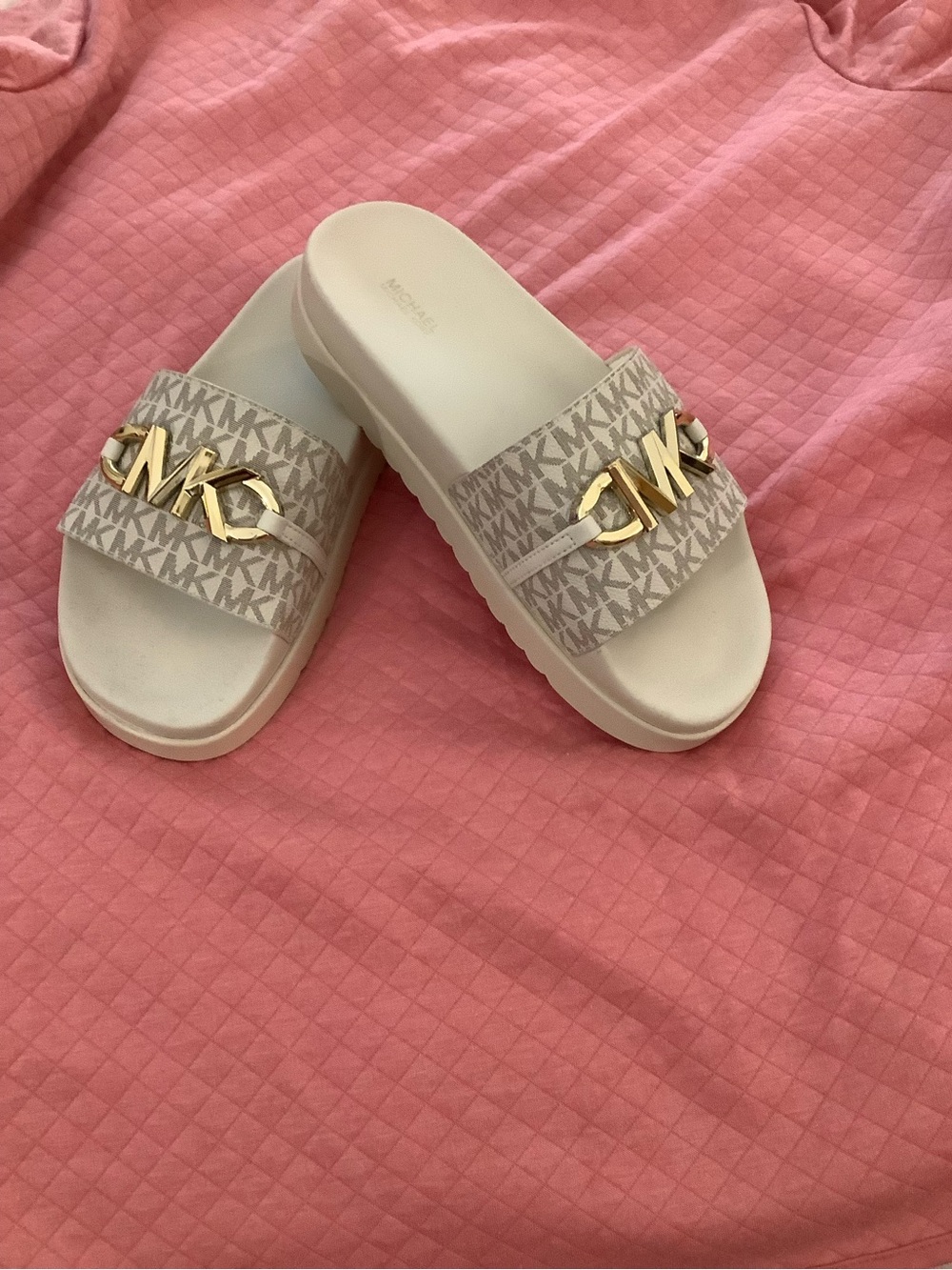 Michael Kors Cream Logo Slide Sandals with Gold MK Accent